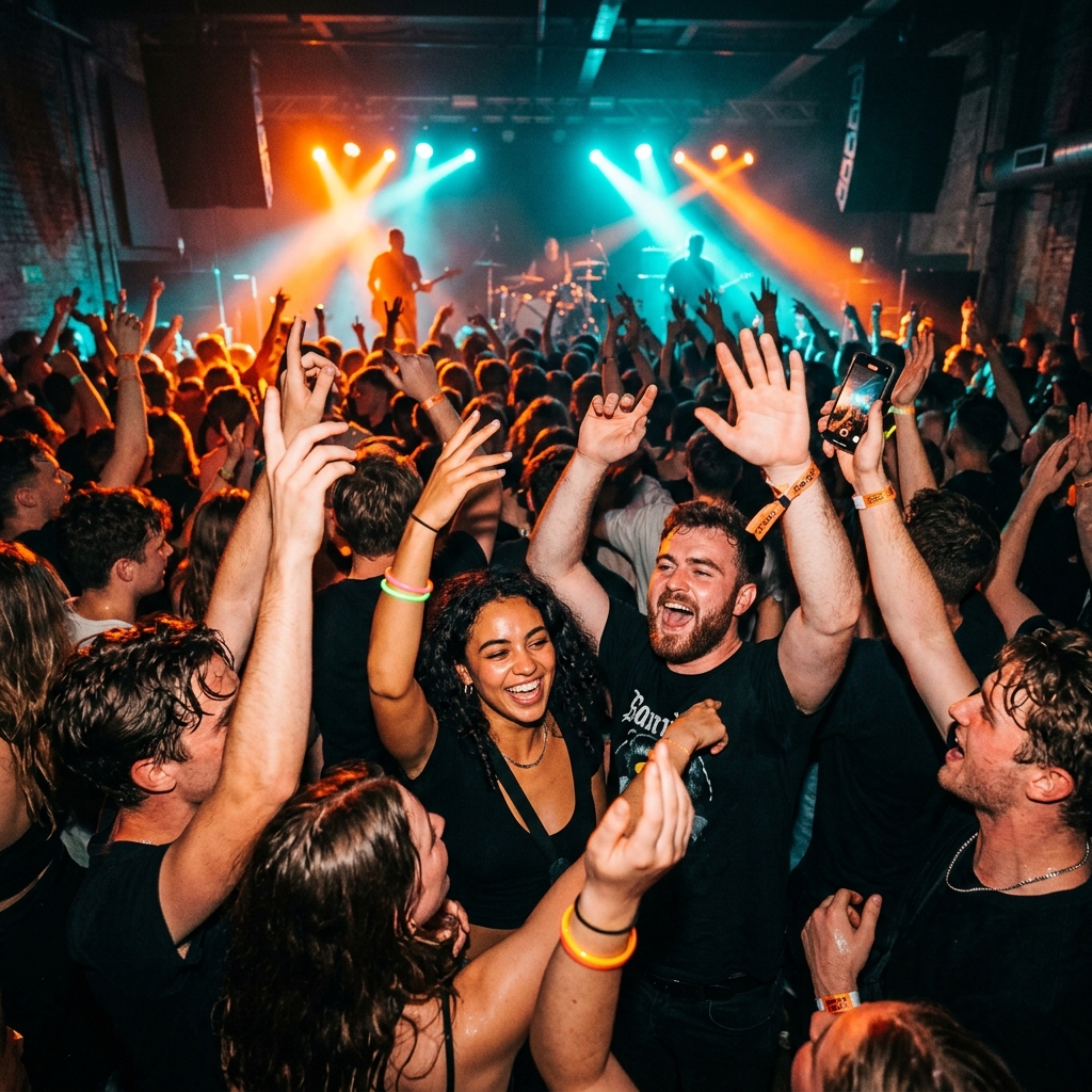 Fans singing along and celebrating at a live music show