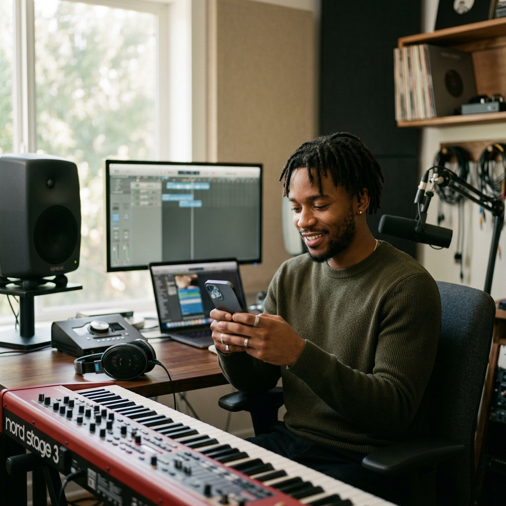 Artist checking updates on a phone in a home studio surrounded by production equipment